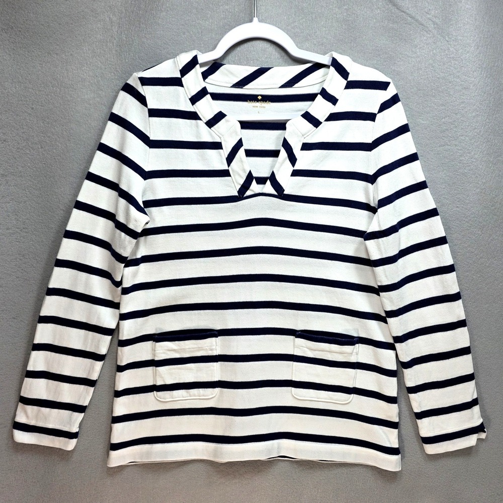 Kate Spade Nautical‎ Striped Sweater Knit Top Womens L Pockets Vneck Blue White